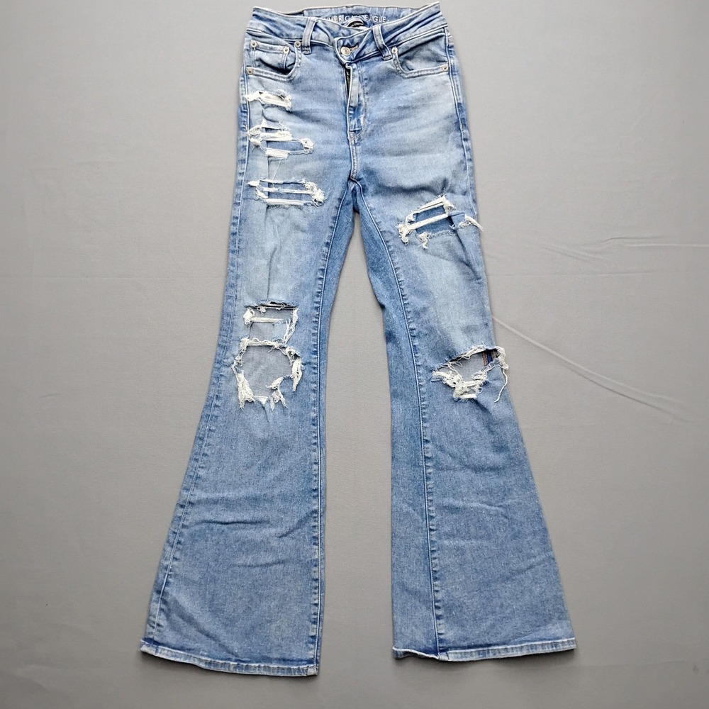American Eagle Super Hi-Rise Flare Distressed Jeans Light Wash Size 2